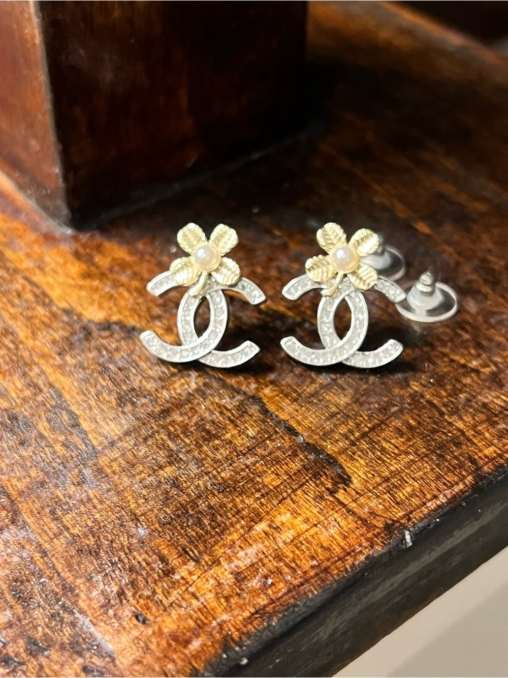 Inspired Silver Double-C Logo Studs with Gold Camellia & Pearl
